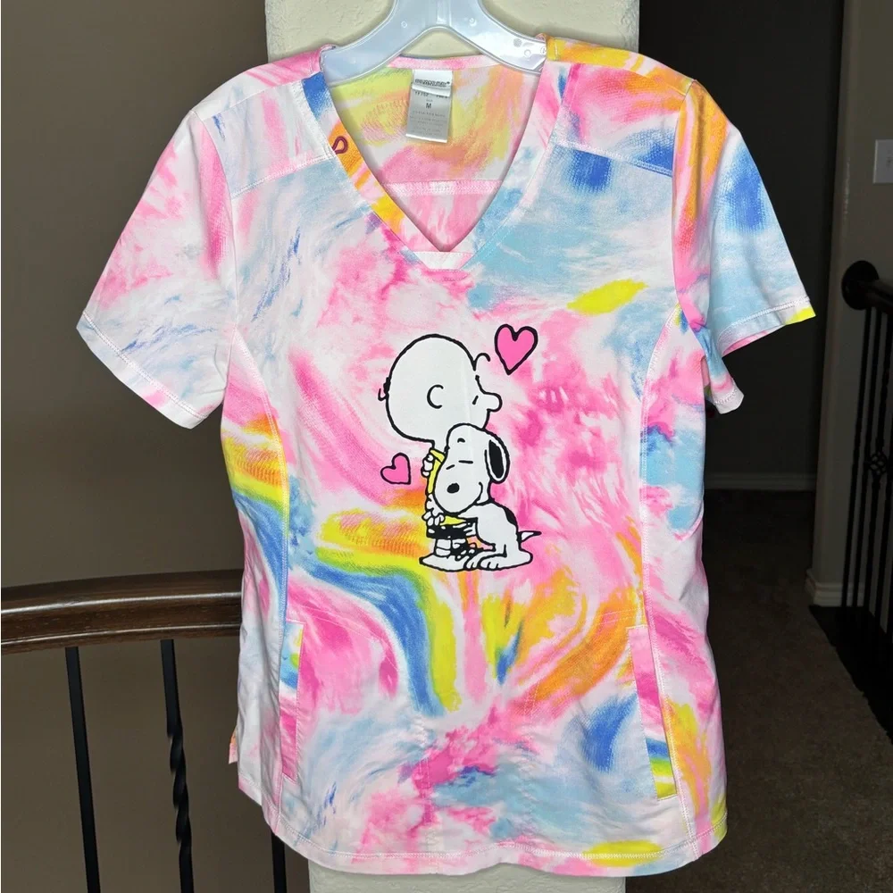 Peanuts Colorful Tie-Dye Snoopy Scrub Top with Pockets Size M Style #TF752 - Picture 1 of 10
